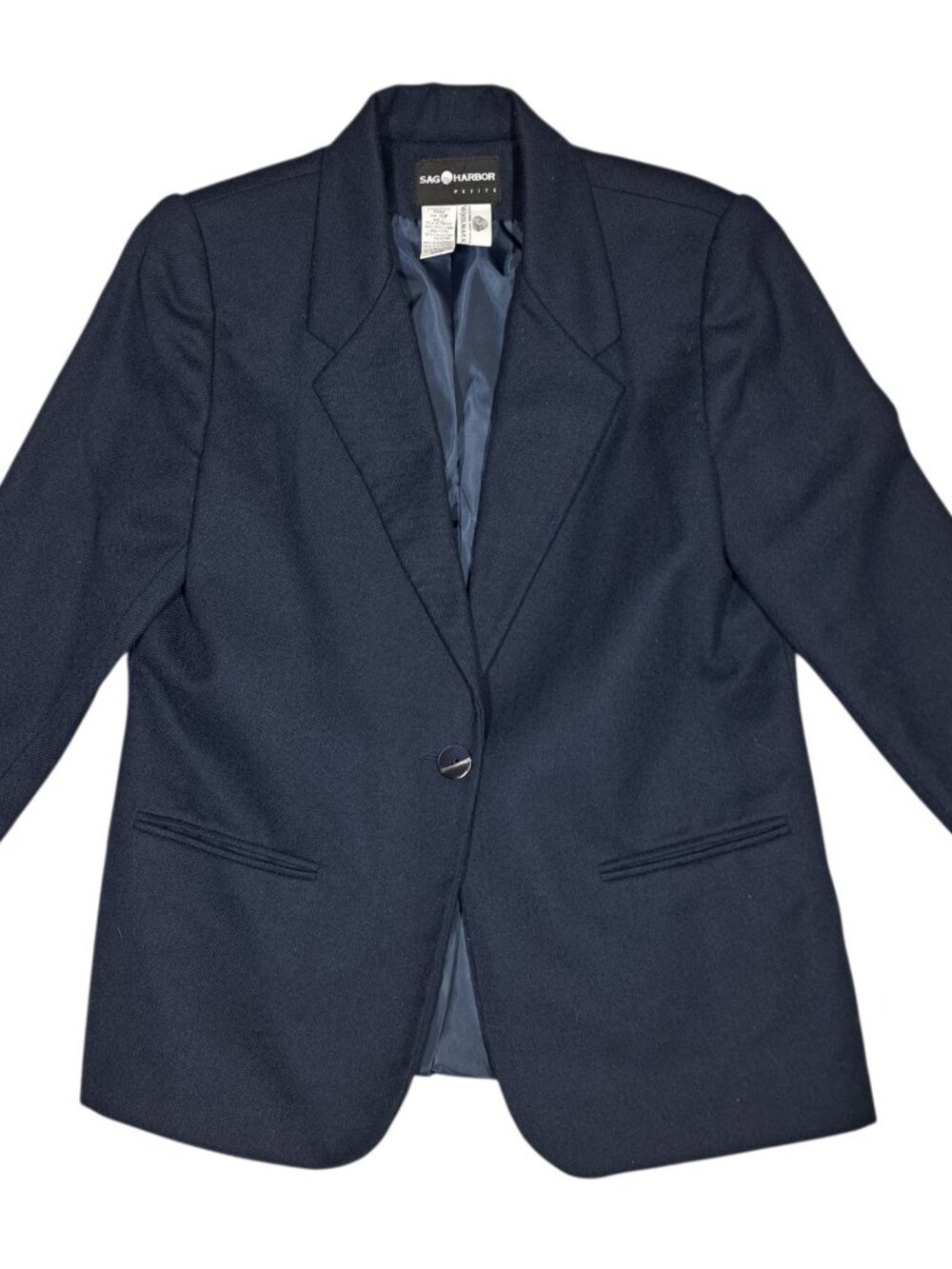 Vtg Sag Harbor Blazer Womens Sz 10P Petite Navy Blue Wool Preppy Classic Career